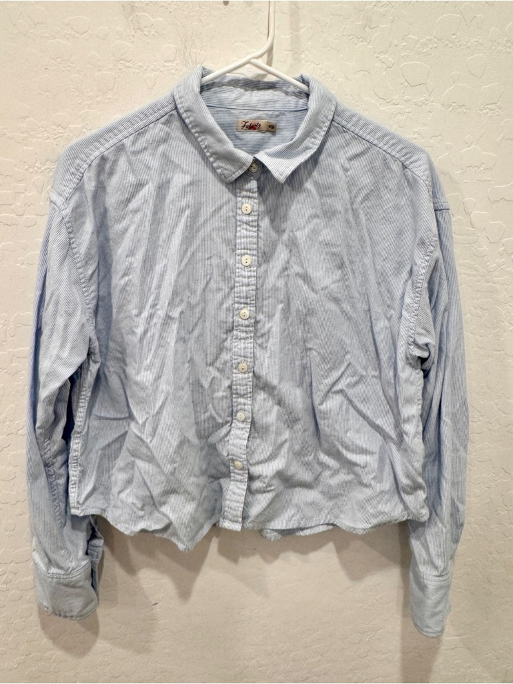 Faherty Oxford Stretch Cropped Shirt Womens Medium Blue White Striped Cotton